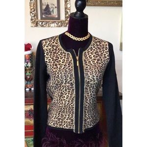 CHICOS VINTAGE ( 30 Years) Black Animal Print Zip Up CARDIGAN - GOLD CHAIN SMALL